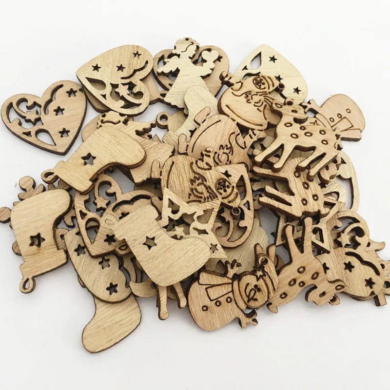 Colgantes de madera para pintar, decoración de árbol de Navidad, adornos artesanales, 50 piezas