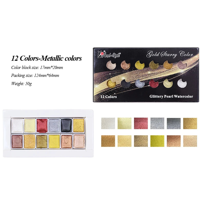Juego de pinturas de Acuarela sólidas de 12 colores, pigmento nacarado texturizado, brillo metálico