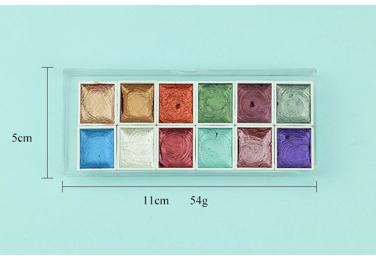 Juego de pinturas de Acuarela sólidas de 12 colores, pigmento nacarado texturizado, brillo metálico