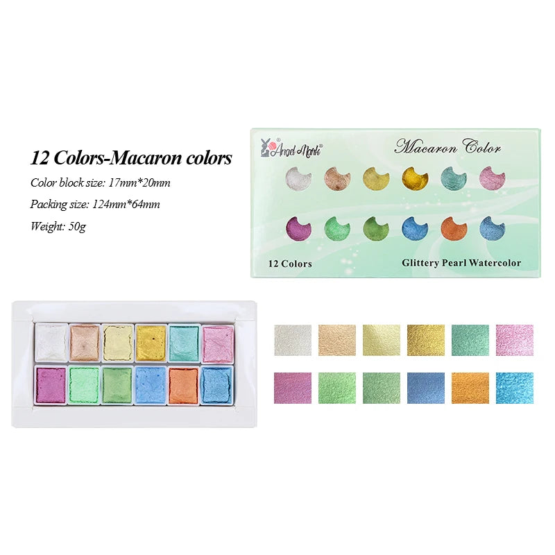 Juego de pinturas de Acuarela sólidas de 12 colores, pigmento nacarado texturizado, brillo metálico