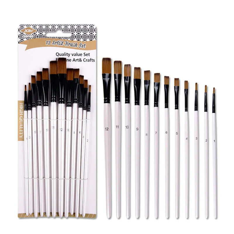 Juego de pinceles de nailon para pintura al óleo, juego de suministros de arte, 12 piezas