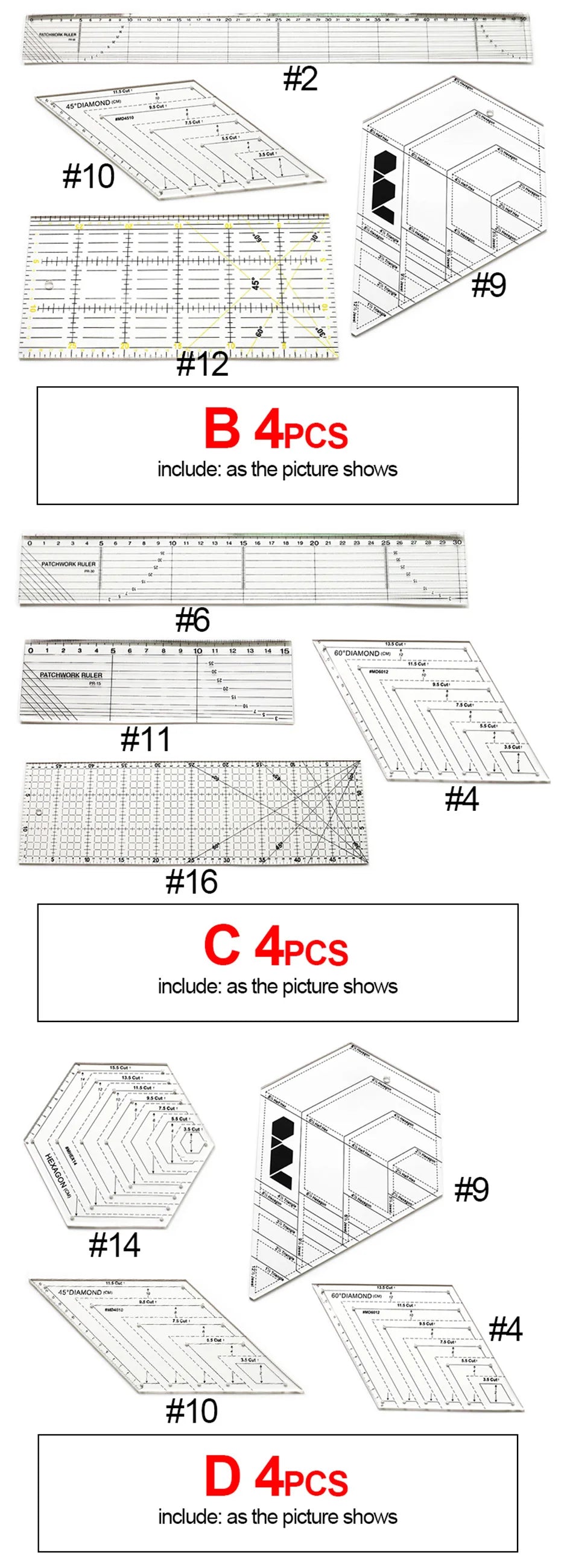 4 unids/set de reglas de costura, acrílicas