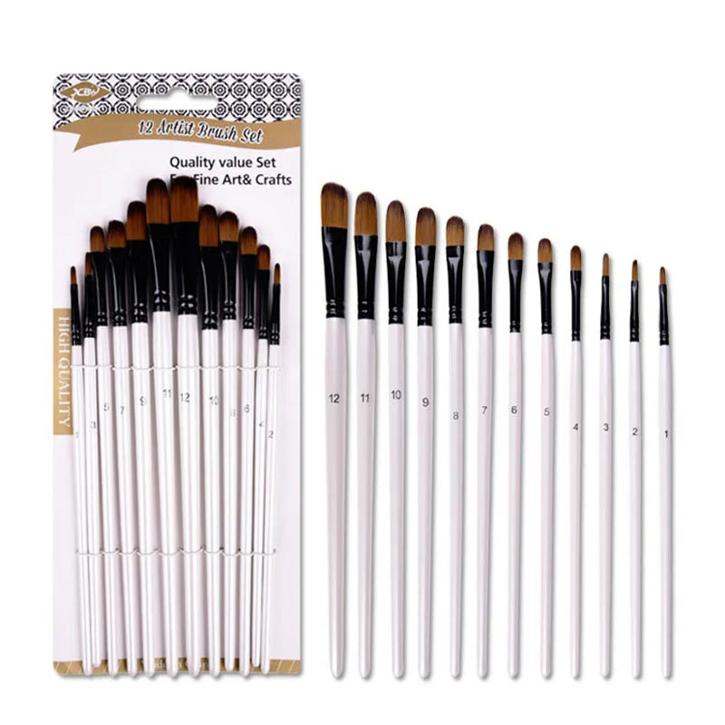 Juego de pinceles de nailon para pintura al óleo, juego de suministros de arte, 12 piezas