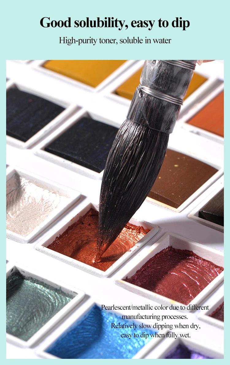 Juego de pinturas de Acuarela sólidas de 12 colores, pigmento nacarado texturizado, brillo metálico
