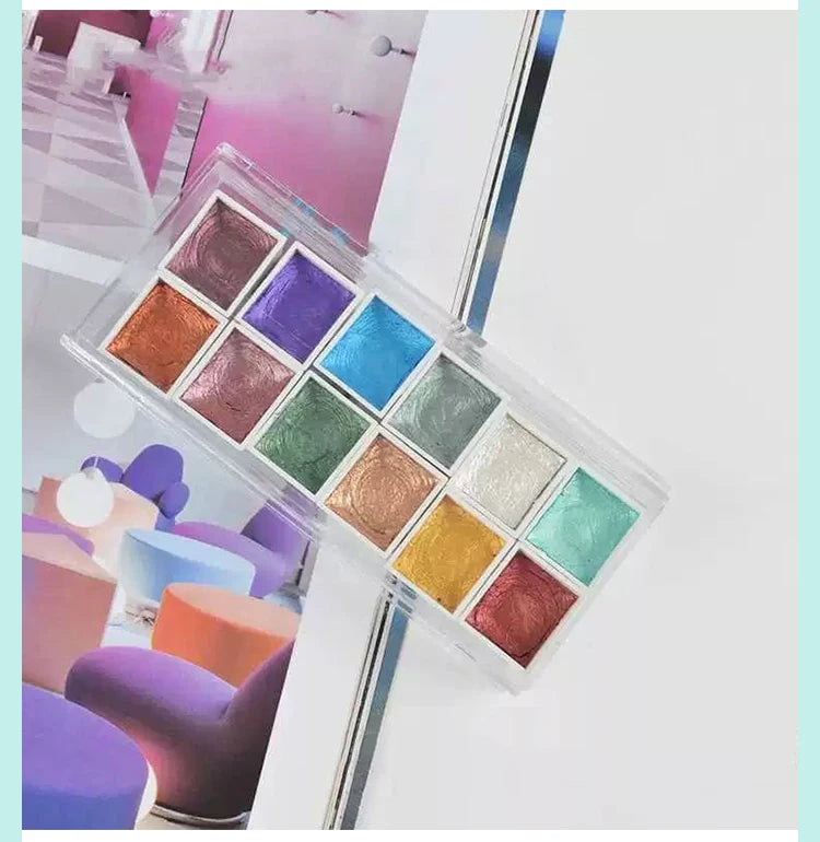 Juego de pinturas de Acuarela sólidas de 12 colores, pigmento nacarado texturizado, brillo metálico