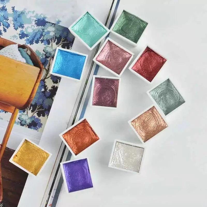 Juego de pinturas de Acuarela sólidas de 12 colores, pigmento nacarado texturizado, brillo metálico