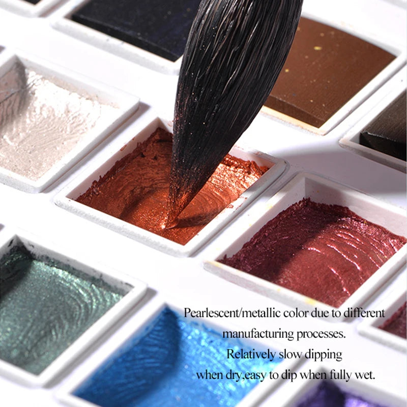 Juego de pinturas de Acuarela sólidas de 12 colores, pigmento nacarado texturizado, brillo metálico