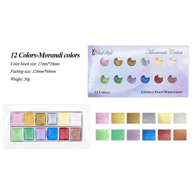 Juego de pinturas de Acuarela sólidas de 12 colores, pigmento nacarado texturizado, brillo metálico