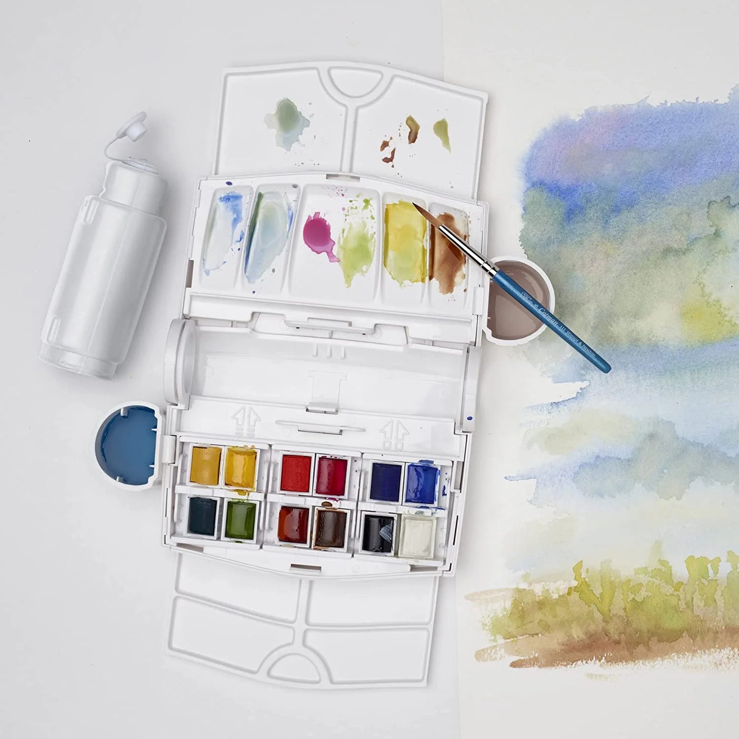 Juego de acuarela Winsor & Newton Cotman, juego de viaje, 12 colores, mezcladores, pincel de con depósito de agua, paleta de mezcla, lavado de pinceles