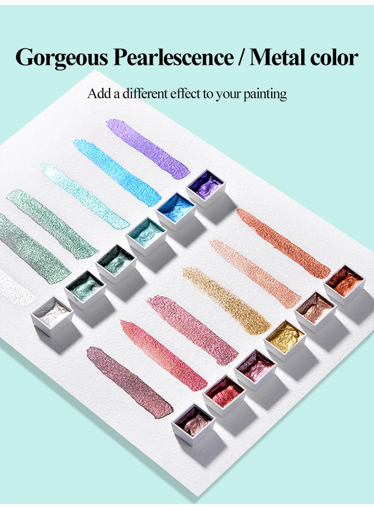 Juego de pinturas de Acuarela sólidas de 12 colores, pigmento nacarado texturizado, brillo metálico