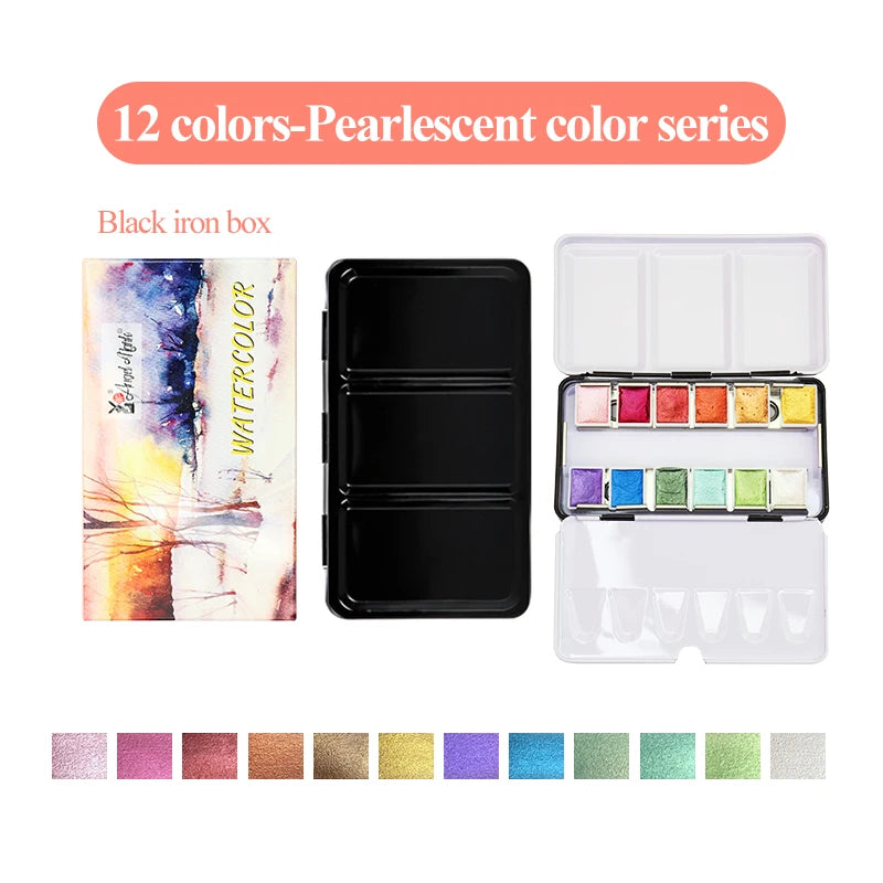 Juego de pinturas de Acuarela sólidas de 12 colores, pigmento nacarado texturizado, brillo metálico