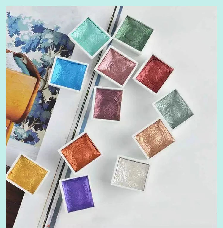 Juego de pinturas de Acuarela sólidas de 12 colores, pigmento nacarado texturizado, brillo metálico