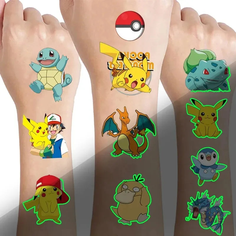 Tatuajes luminosos de Pokémon para niños, estilos de Pikachu, tatuajes adhesivos temporales