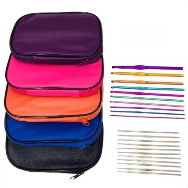 22 unids/set Kit de ganchos de crochet de aluminio con funda de cuero sintético