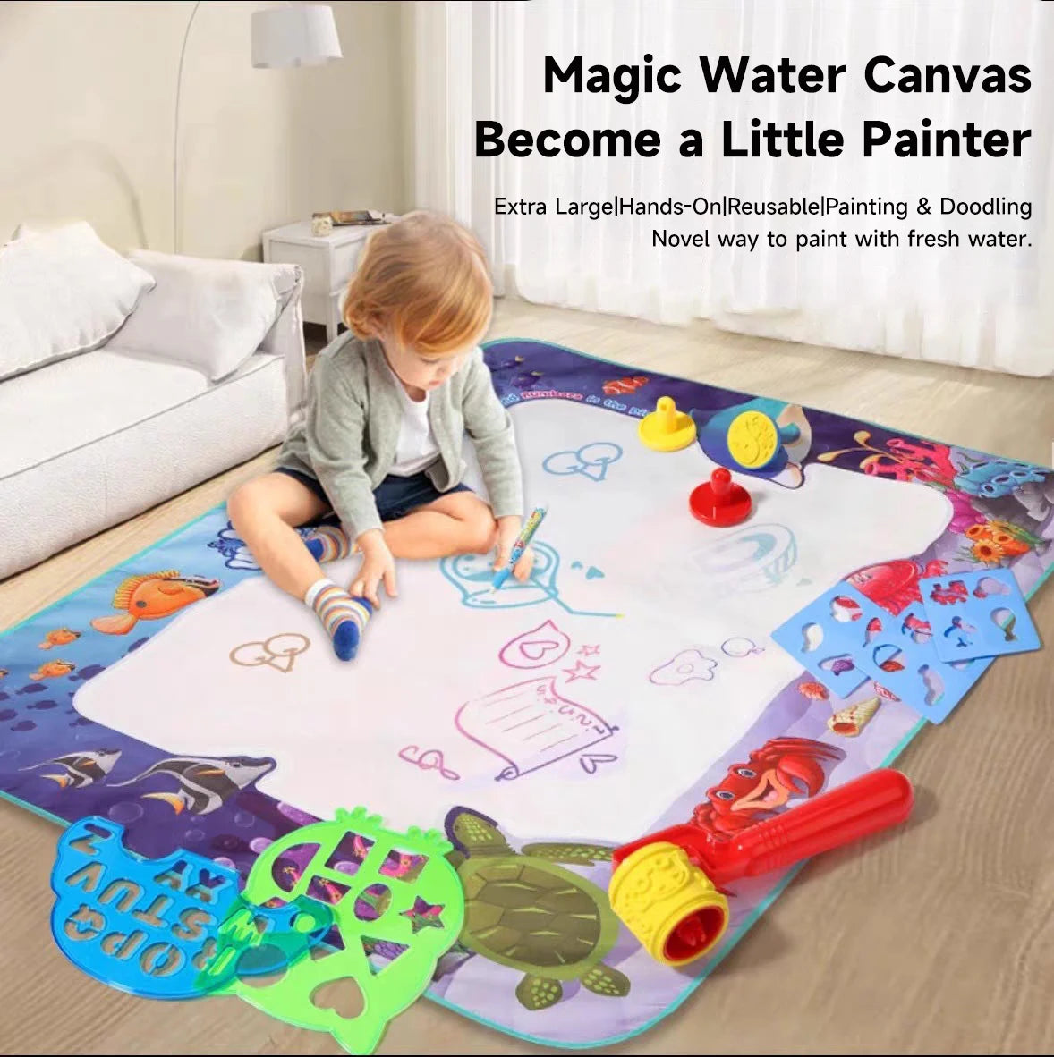 Alfombra mágica para dibujar con agua y para colorear, 100x80CM, pintura de acuarela, almohadilla, bolígrafos mágicos reutilizables.