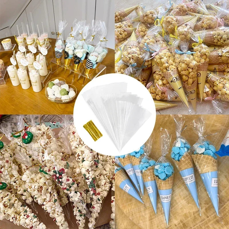 50 Uds. Bolsas de almacenamiento de dulces de cono transparente