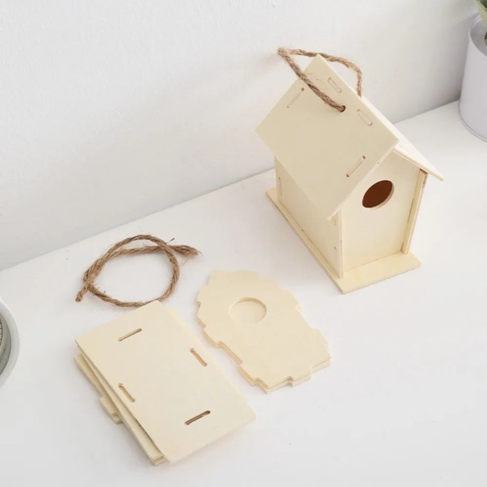 Casa para pájaros de madera con cuerda de cáñamo para colgar, pintar
