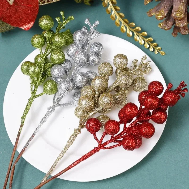 Brillo Artificial de Navidad, ramas de bayas rojas, polvo dorado, bayas de acebo, flores falsas, adornos de árbol de Navidad