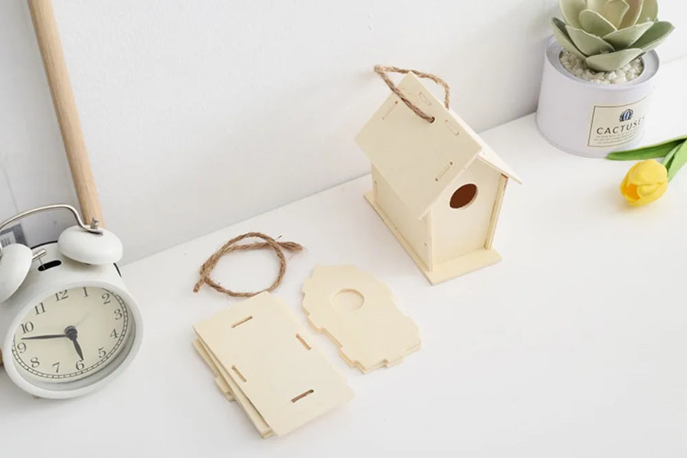 Casa para pájaros de madera con cuerda de cáñamo para colgar, pintar