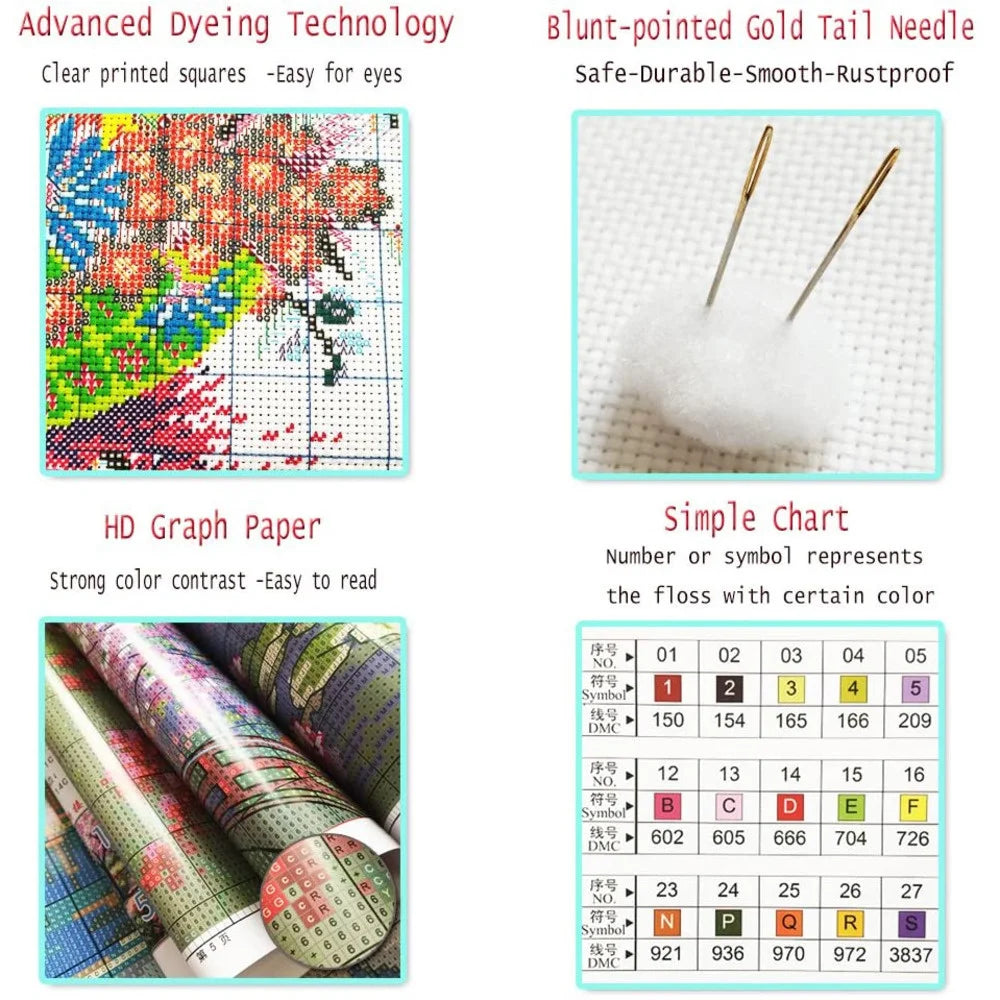 Kit de punto de cruz con patrón de niñas abstracta, juego de bordado de tela completamente impresa de 14 y 11ct