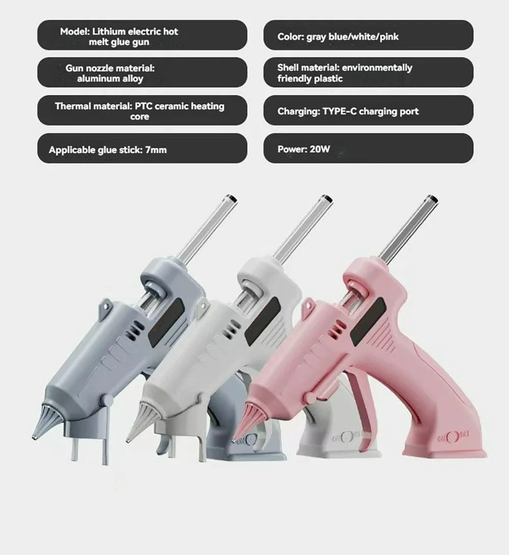 Pistola de pegamento termofusible inalámbrica, 3,7 V, 1800mAh, carga USB, utiliza barras de pegamento de 7mm, antifugas y antiescaldaduras