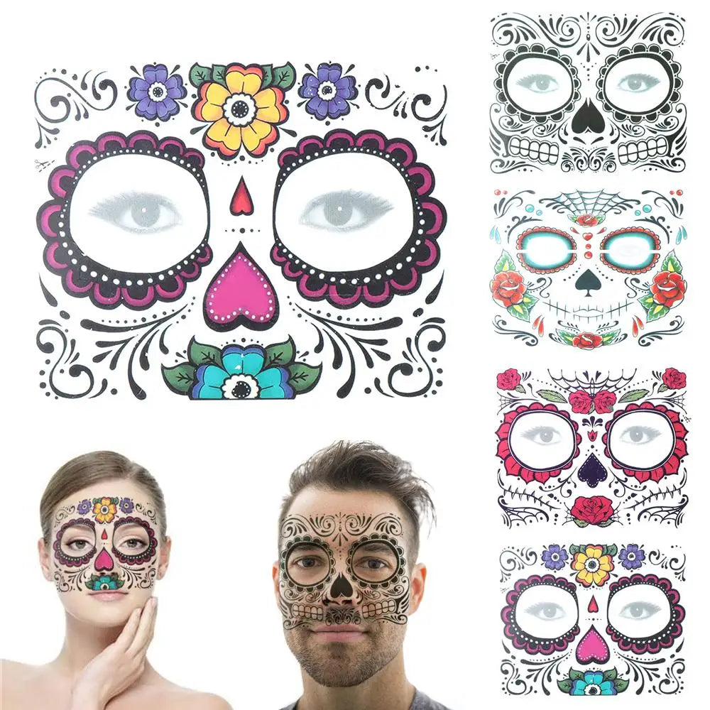 Tatuaje temporal de Día de los muertos, maquillaje Facial de Halloween impermeable, 1 unidad