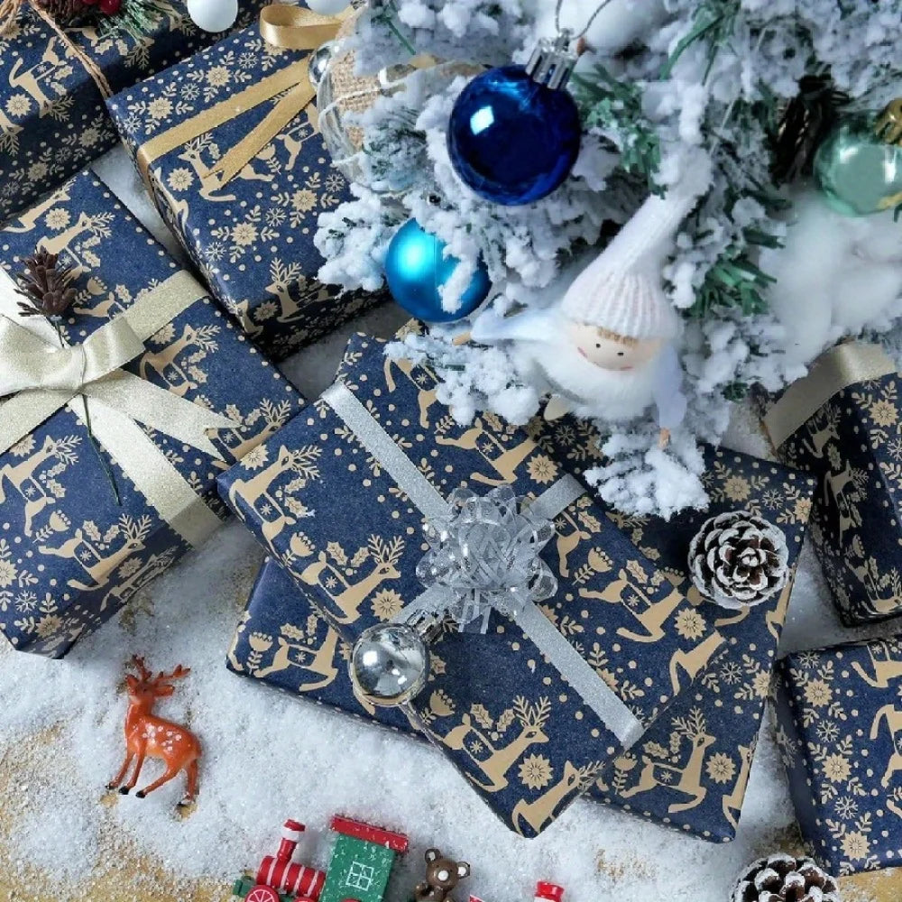 Rollo de papel de regalo navideño, copo de nieve, diseño de renos