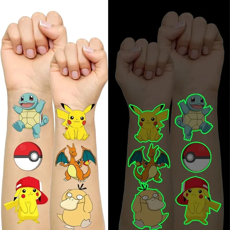 Tatuajes luminosos de Pokémon para niños, estilos de Pikachu, tatuajes adhesivos temporales