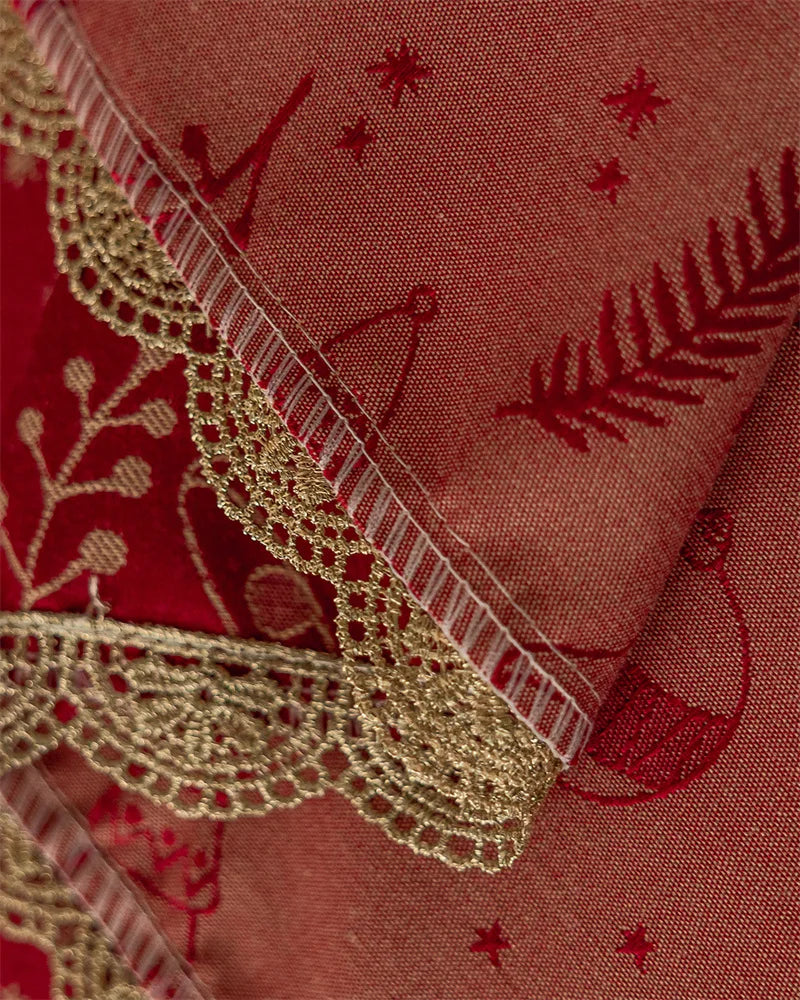 Mantel rojo navideño,  Jacquard, encaje dorado