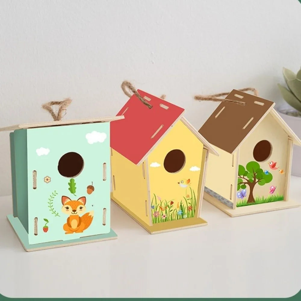 Casa para pájaros de madera con cuerda de cáñamo para colgar, pintar