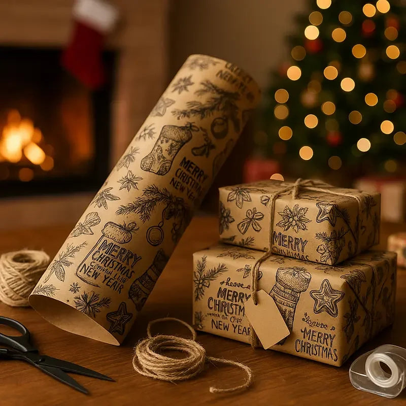 Papel de regalo de Navidad de 10 m/rollo, papel Kraft para embalaje