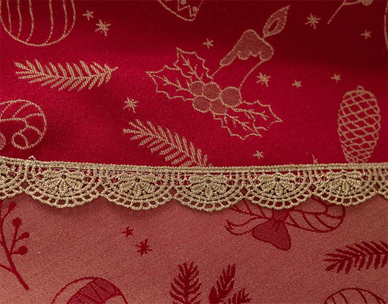 Mantel redondo navideño de Jacquard rojo, mantel impermeable con borde dorado de ciervo, con decoraciones de Navidad y forro de cojines