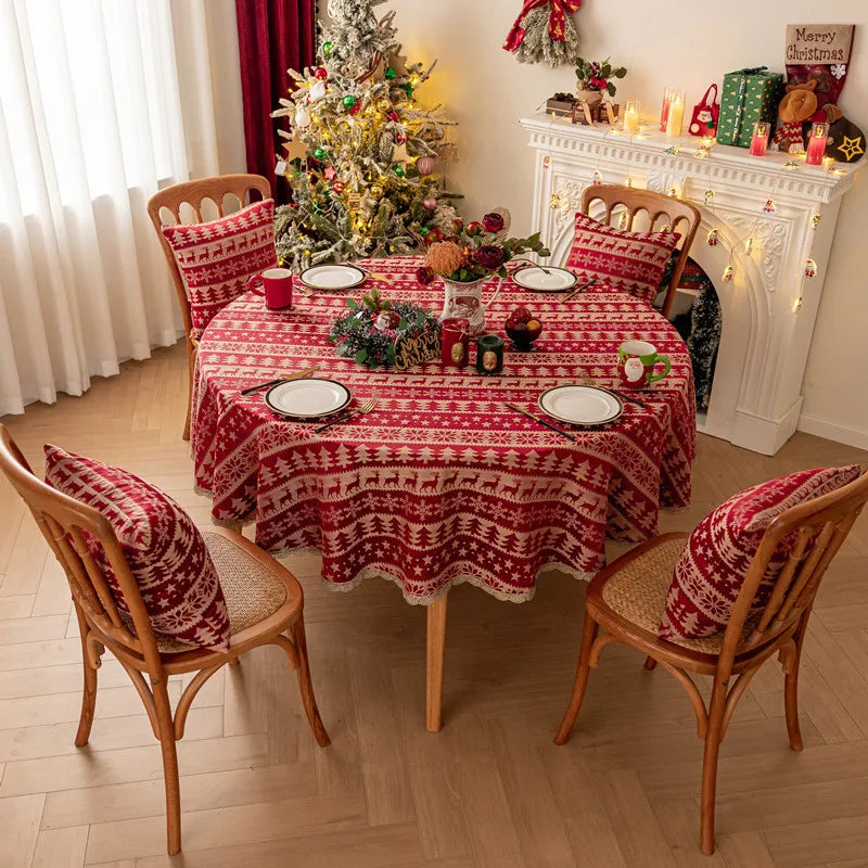 Mantel redondo navideño de Jacquard rojo, mantel impermeable con borde dorado de ciervo, con decoraciones de Navidad y forro de cojines