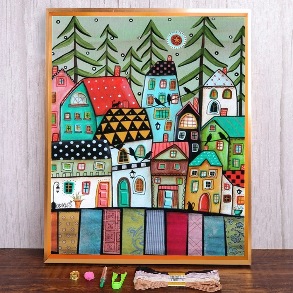 Pintura bordada de 11/14CT, casas de dibujos animados, Kits de punto de cruz, lienzo impreso DMC