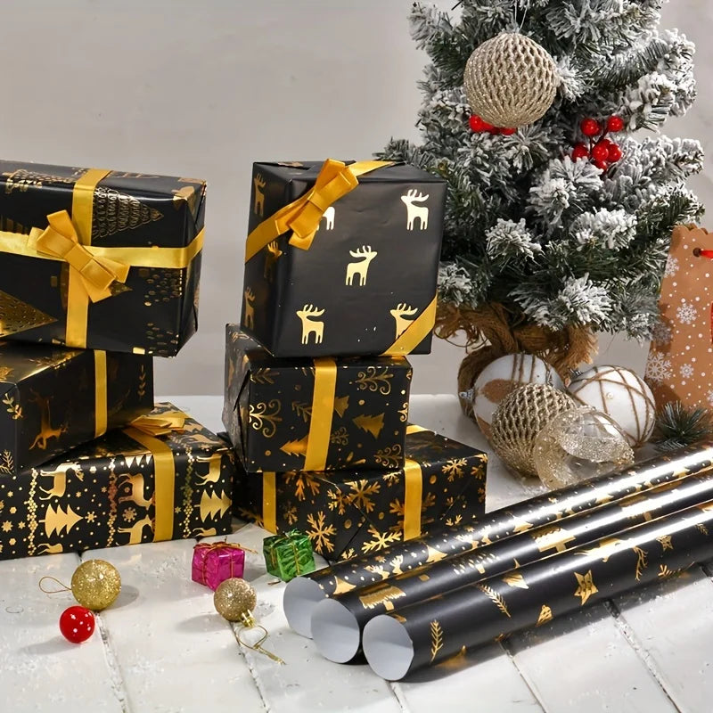 Paquete de 6 papel de regalo navideño de lámina negra y dorada