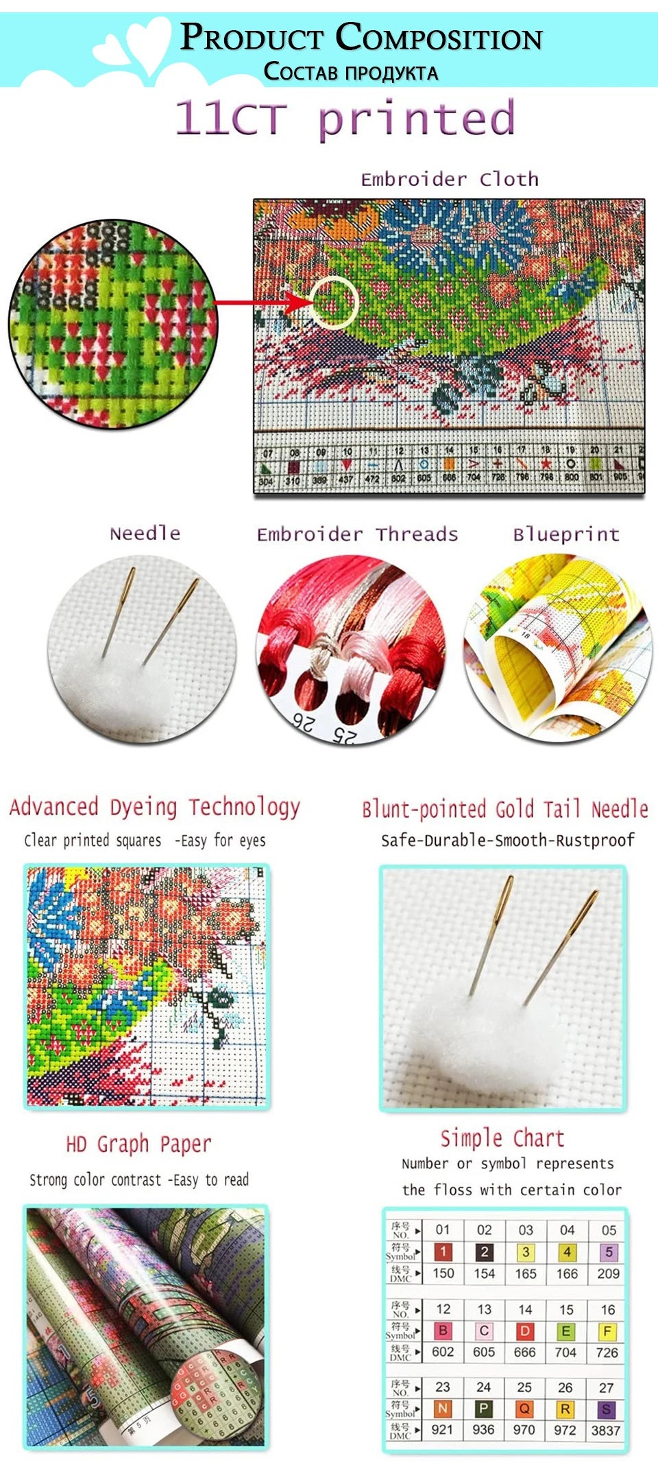 Kit de punto de cruz con patrón de niñas abstracta, juego de bordado de tela completamente impresa de 14 y 11ct