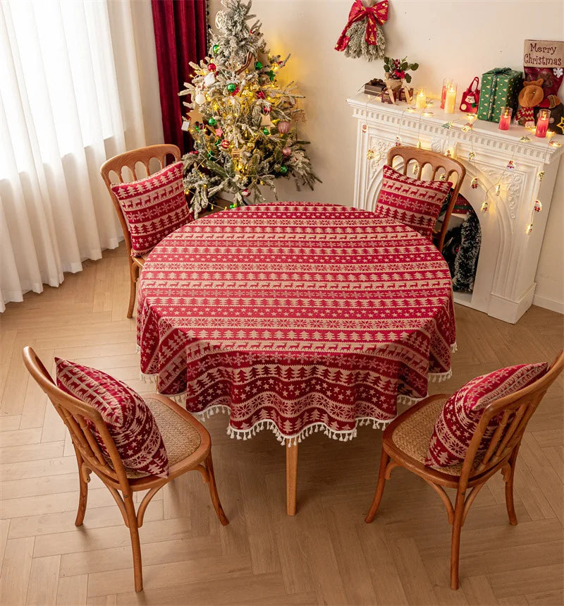 Mantel redondo navideño de Jacquard rojo, mantel impermeable con borde dorado de ciervo, con decoraciones de Navidad y forro de cojines