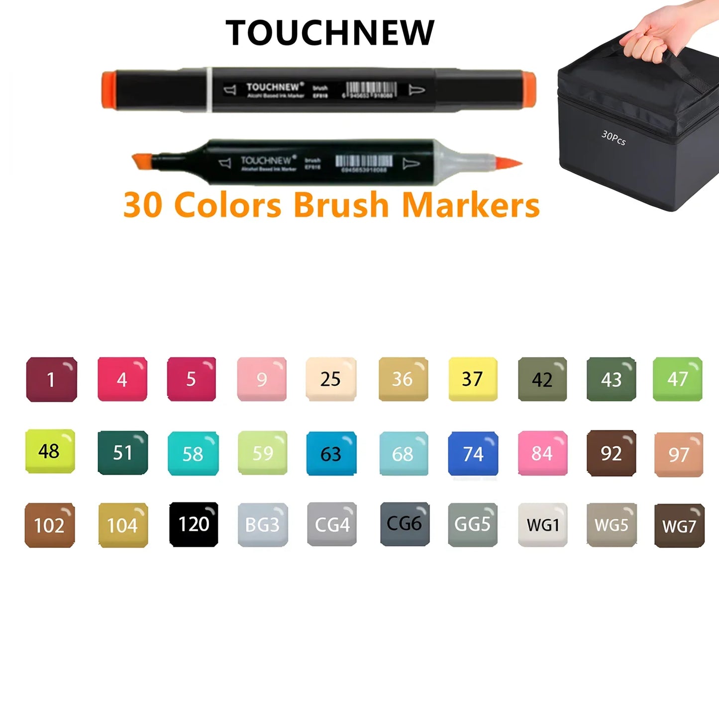 Rotuladores de doble punta suave, TOUCHNEW 30/60/80 colores con punta pincel y cincel para artistas adultos