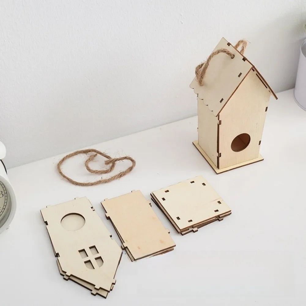 Casa para pájaros de madera con cuerda de cáñamo para colgar, pintar