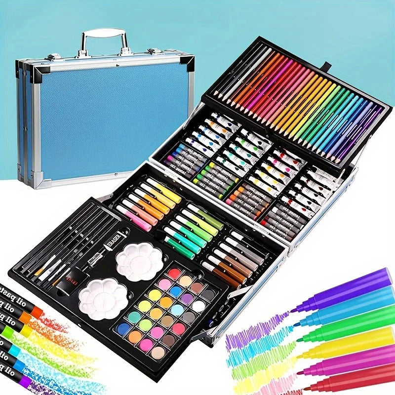 Paquete de 145 piezas, kit de arte para pintar y dibujar, juego de arte de doble capa de lujo, lápices de colores, pasteles al óleo, acuarela