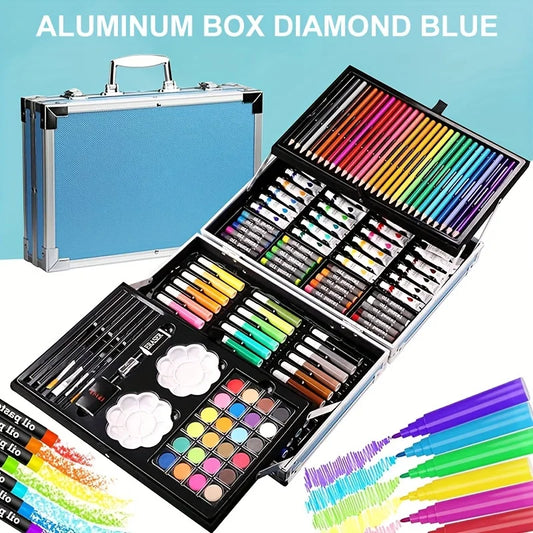 Paquete de 145 piezas, kit de arte para pintar y dibujar, juego de arte de doble capa de lujo, lápices de colores, pasteles al óleo, acuarela