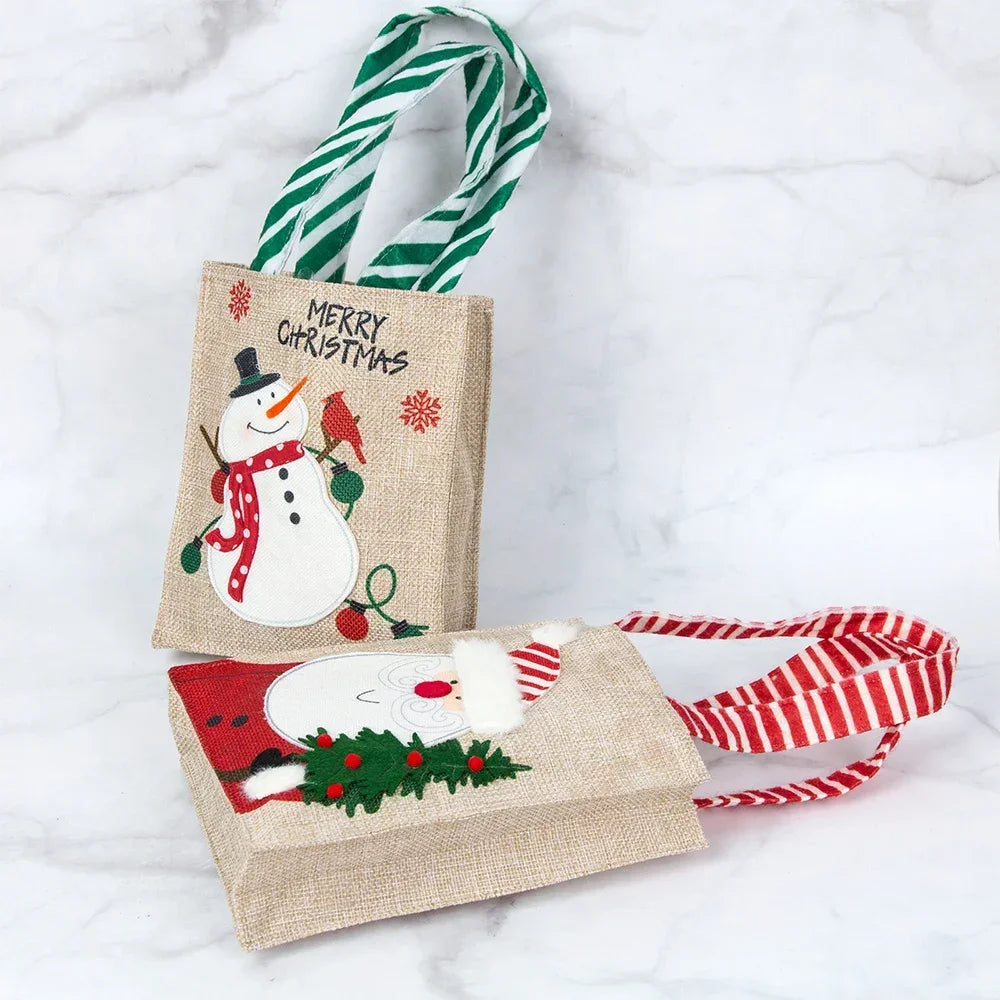 Bolsas de arpillera de Navidad con diseño de Papá Noel y muñeco de nieve, 1-10 Uds.