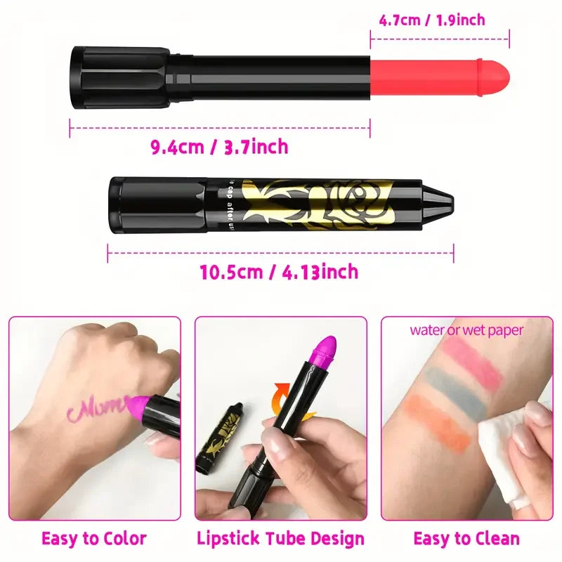 Kit de pintura facial y corporal con brillo UV de neón, crayones de maquillaje, 6 uds./12 Uds.