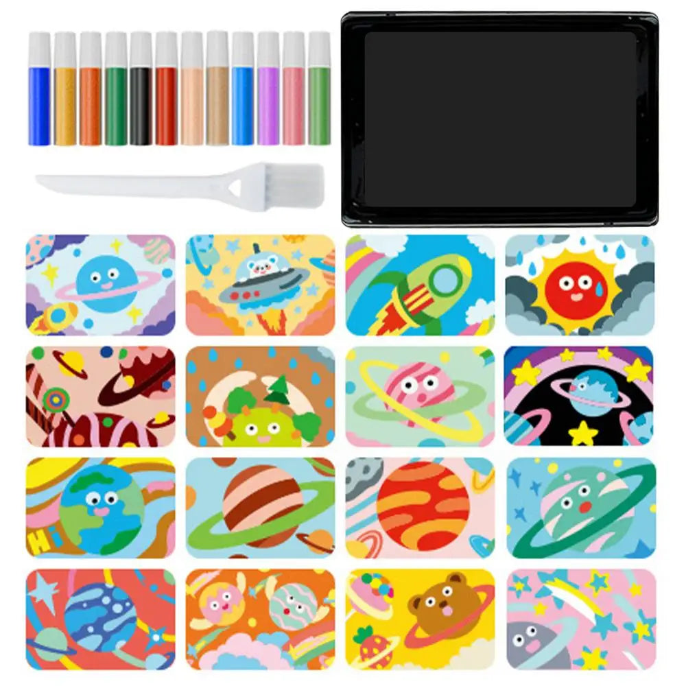 Kits de arte de arena para niños, 12 colores de arena, 16 imágenes , 1 bandeja, 1 herramienta de arte con pincel