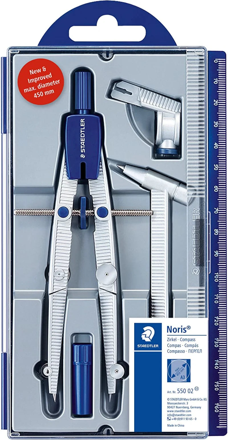 STAEDTLER 550 02 Noris Compás de metal con juego de ruedas centrales, barra de extensión, adaptador universal y herramienta de dibujo en caja