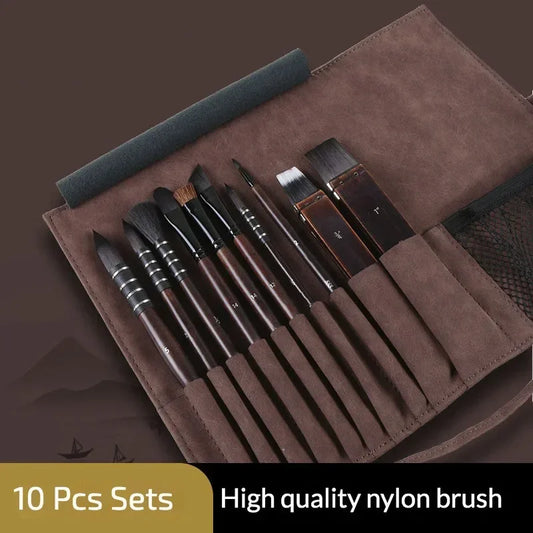 Juego de pinceles de pintura de acuarela de pelo de nailon de imitación de ardilla, de alta gama,  juego de 10 piezas en bolso de tela Oxford