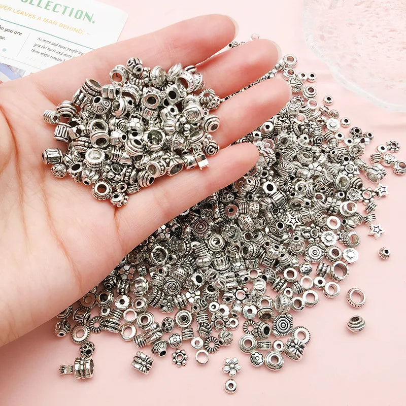 Mostacillas Retro de pentagrama de flor elíptica, joyería de aleación de plata tibetana, 50 piezas