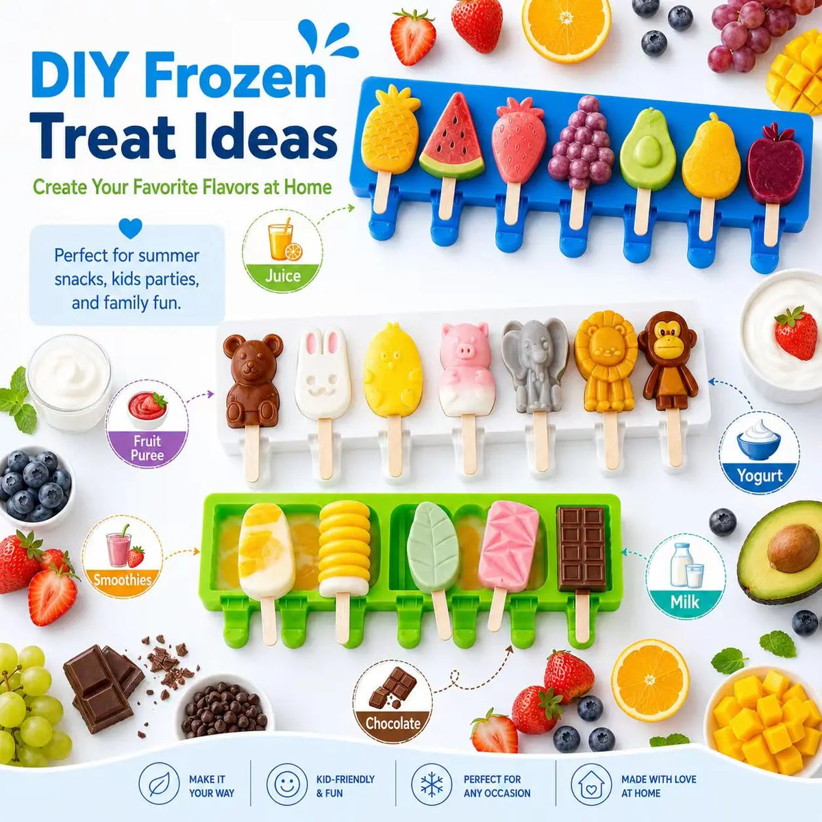 Molde de silicona para helados de 8 cavidades con diseños, para hacer helados caseros