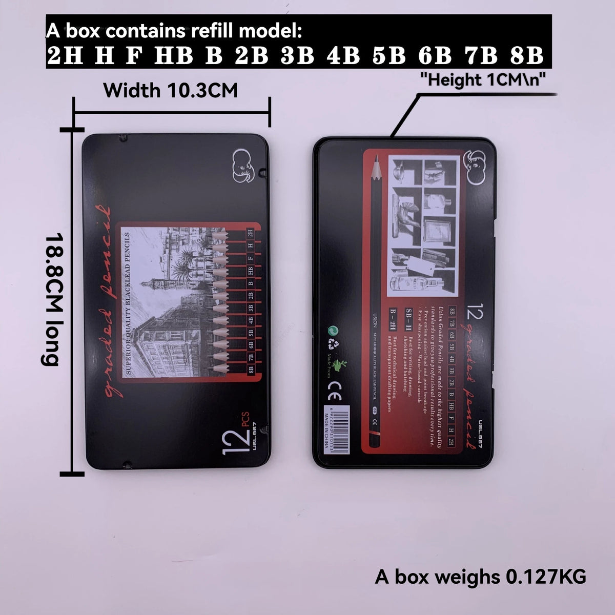 12 unids/set lápiz grafito de dibujo desde 2H a 8B, caja de Metal