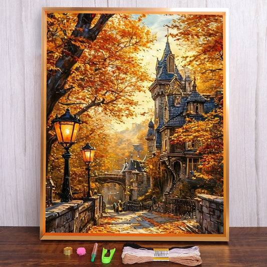 Paisaje otoño, Castillo preimpreso, patrones de punto de cruz bordado